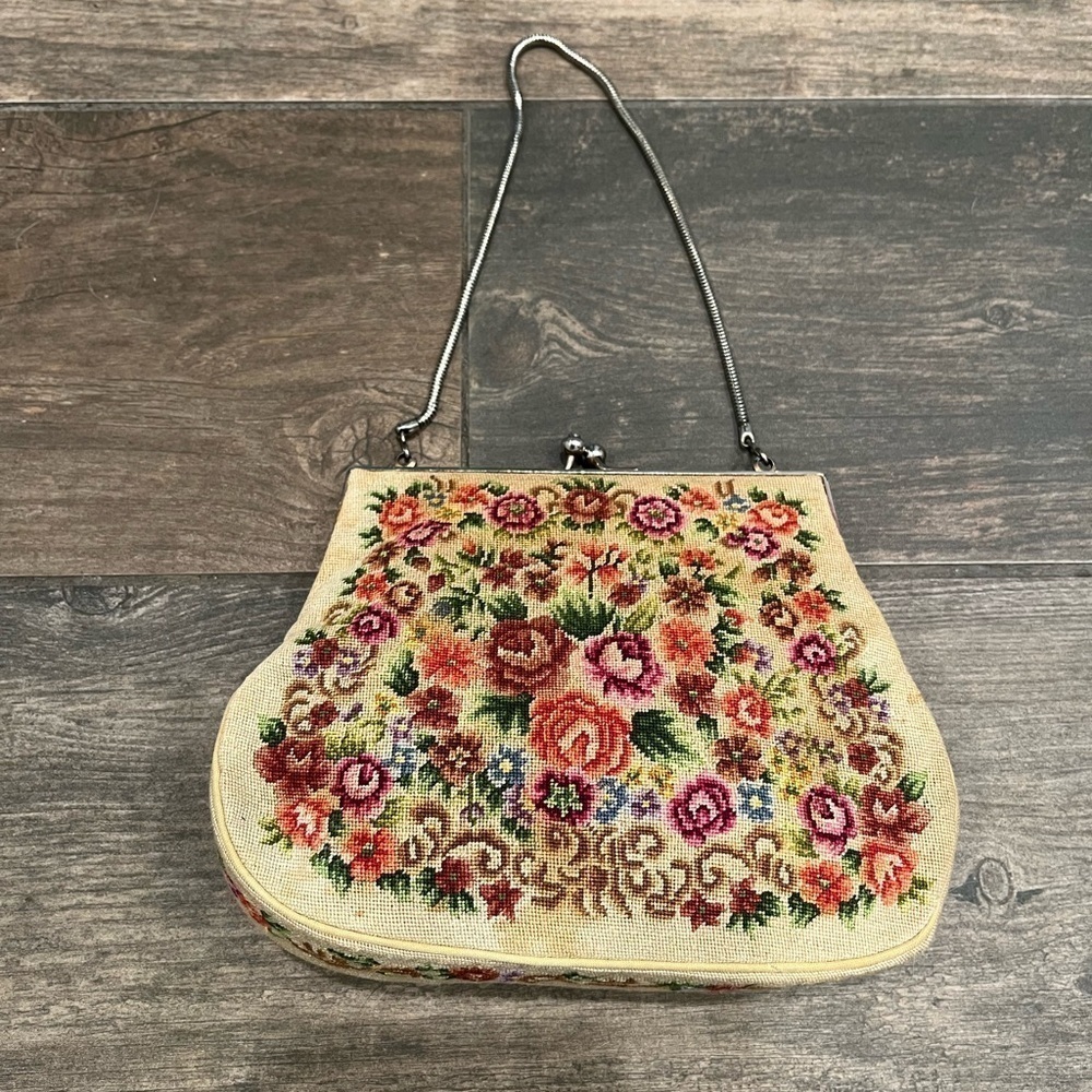 Antique Micro Petit Point Metal Frame Bag Embroidery Handmade Vintage